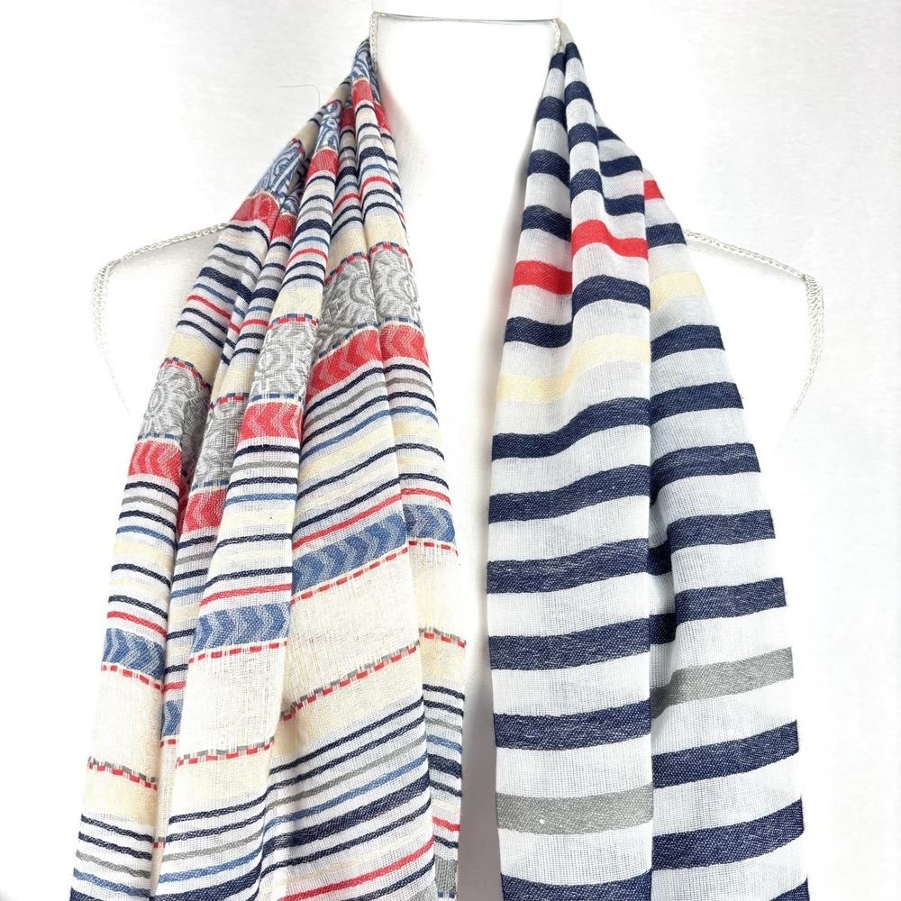 Scarf White, Red, Navy Blue, Gray, Beige/Light Yellow Fringe 76” Cotton Linen